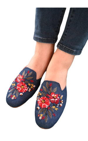 Golden Step Ladies Embroidery Slippers (Prussian Blue)