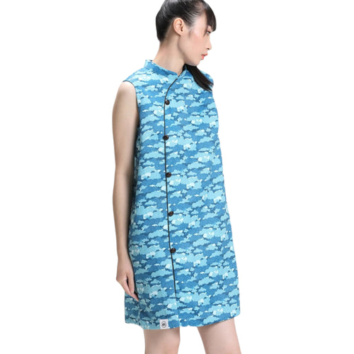 01a.Blue Sleeveless Loose Cheongsam