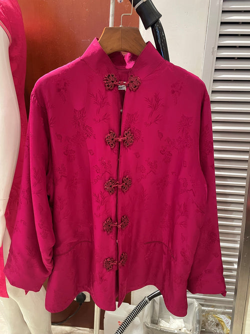 雙馬牌九霞緞棗紅真絲飛裡棉襖(S碼)