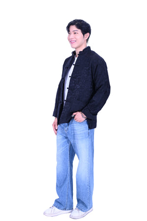 Mandarin Square Men's Silk Padded Jacket BLACK