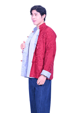 Mandarin Square Silk Reversible Jacket Grey/RED