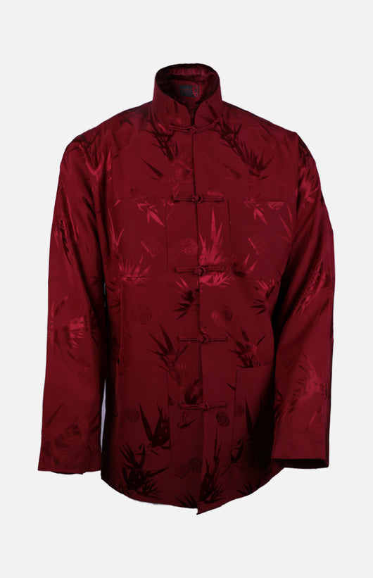 Silk Padded Jacket (Bamboo Leaves Pattern)-Burgundy